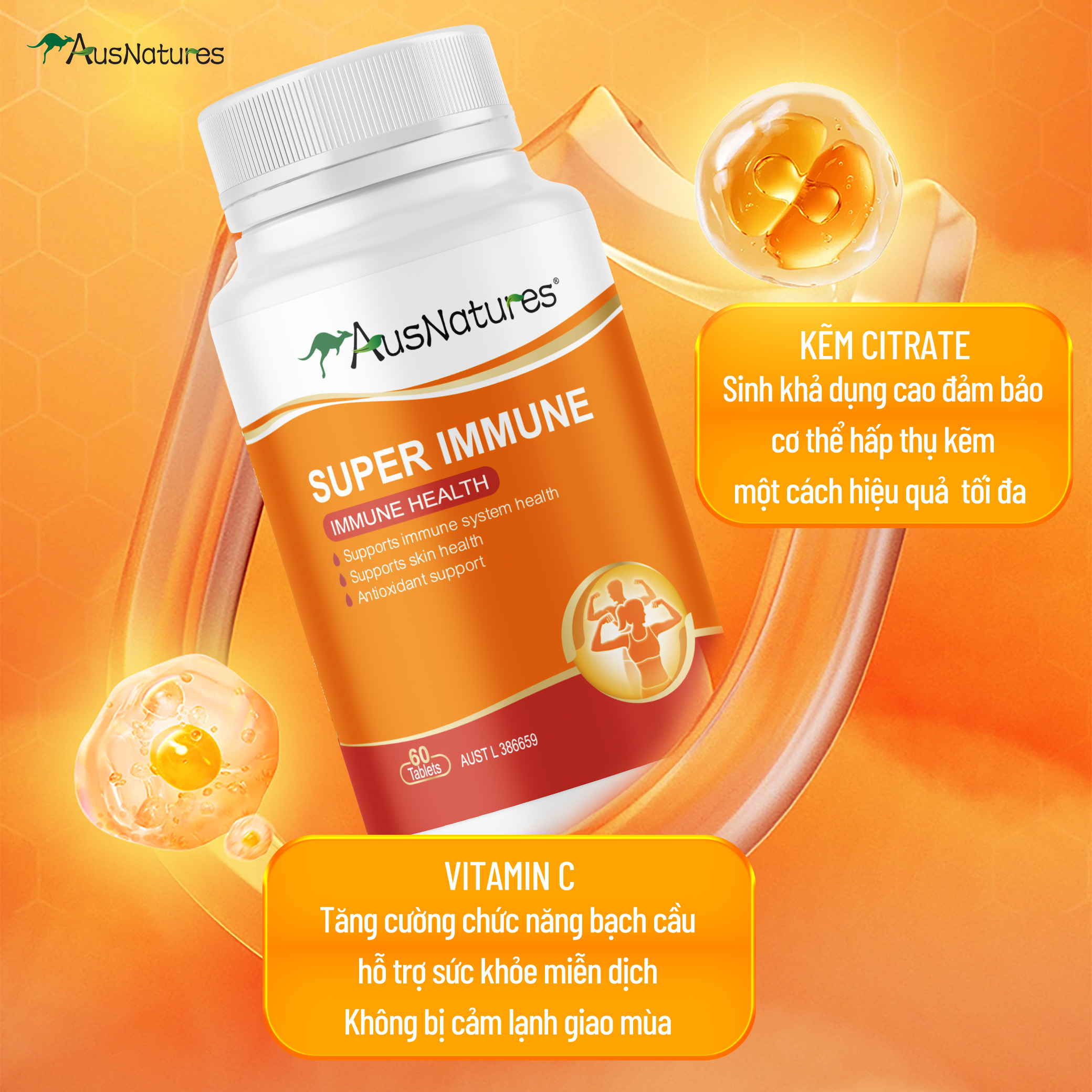 Viên uống Kẽm & C – Tăng đề kháng, giảm mụn, đẹp da, mờ thâm - AusNatures Super Immune - Lọ 60 viên - Hình ảnh 2